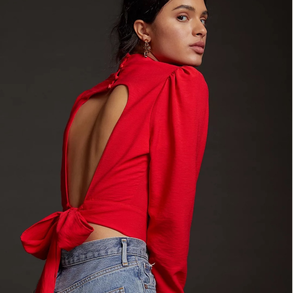 MAEVE RED OPEN-BACK PUFF-SLEEVED BLOUSE